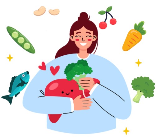 Cartoon Graphic of girl surrounded by vegetables, fruit, beans and fish holding a happy liver in her arms.