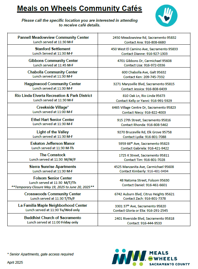 MOW Sacramento County Community Cafes Listing